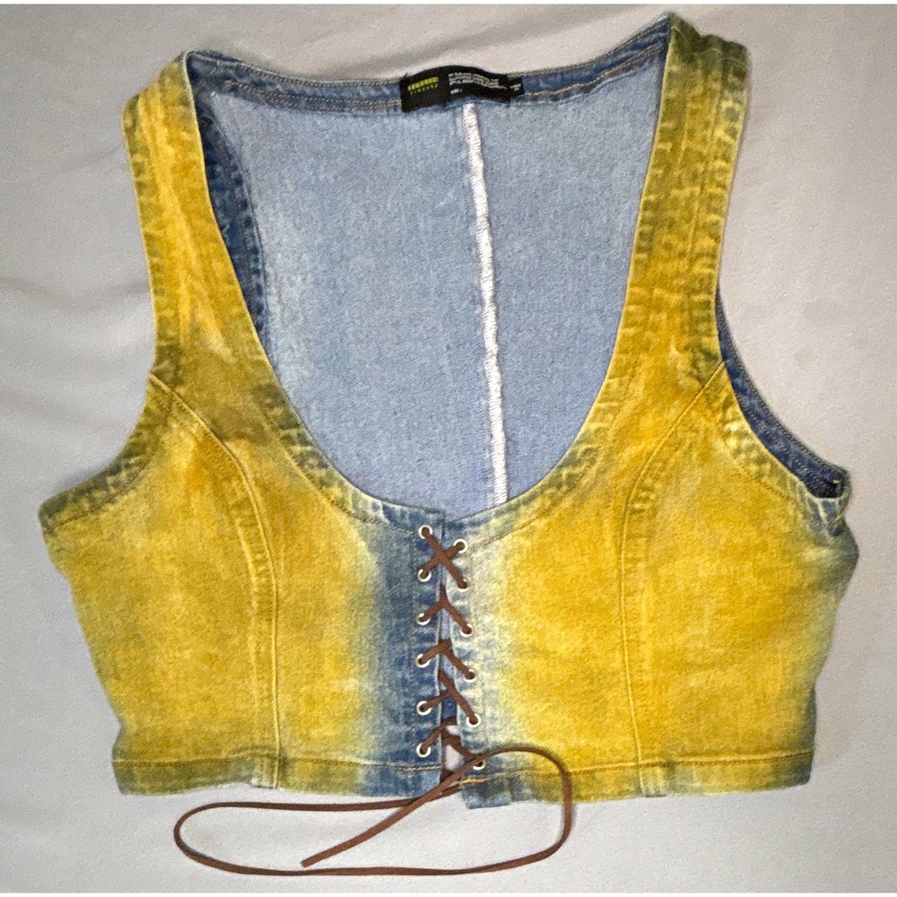 Finesse Denim Crop Top Yellow Acid Wash Lace Up Front Sleeveless Vest Large